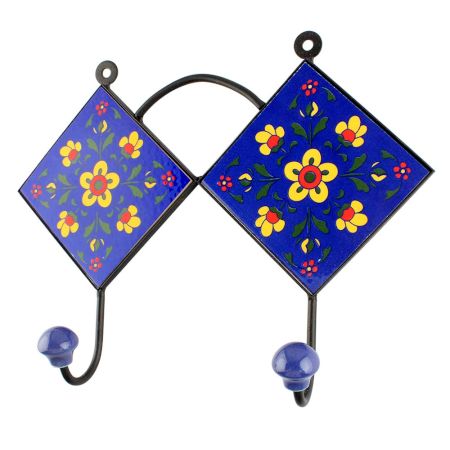 Navy Blue Yellow Tiny Flower Ceramic Tiles Hook 